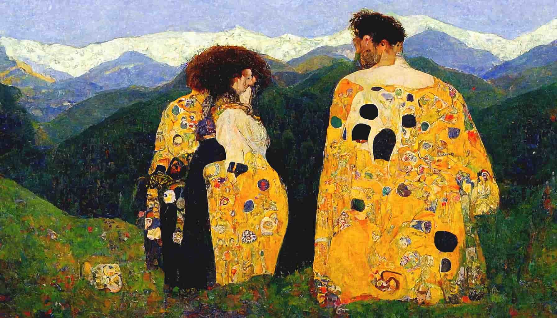 a painting of a couple enjoying the mountains in the style of Gustav Klimt