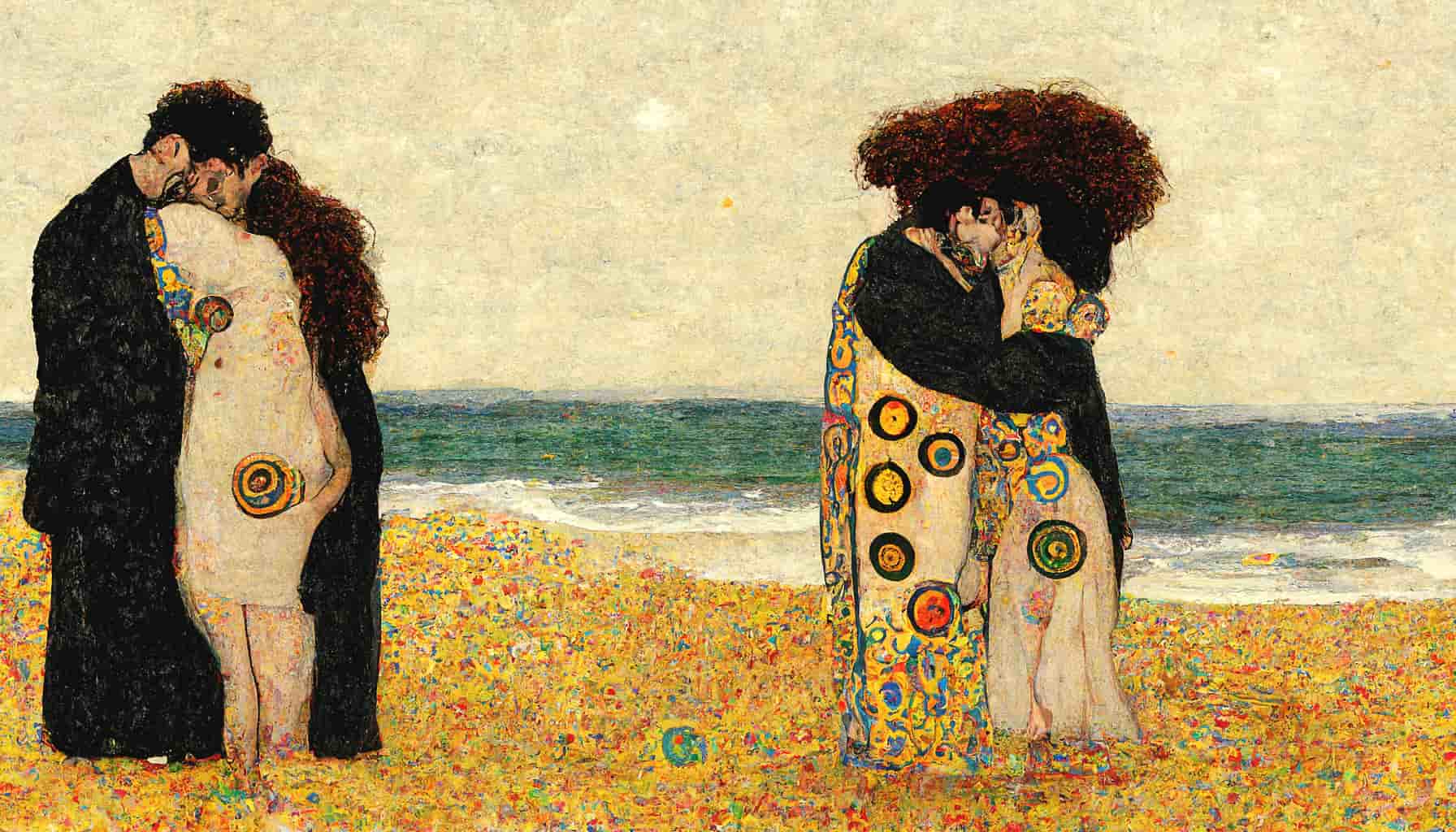 a painting of a couple at the beach in the style of Gustav Klimt