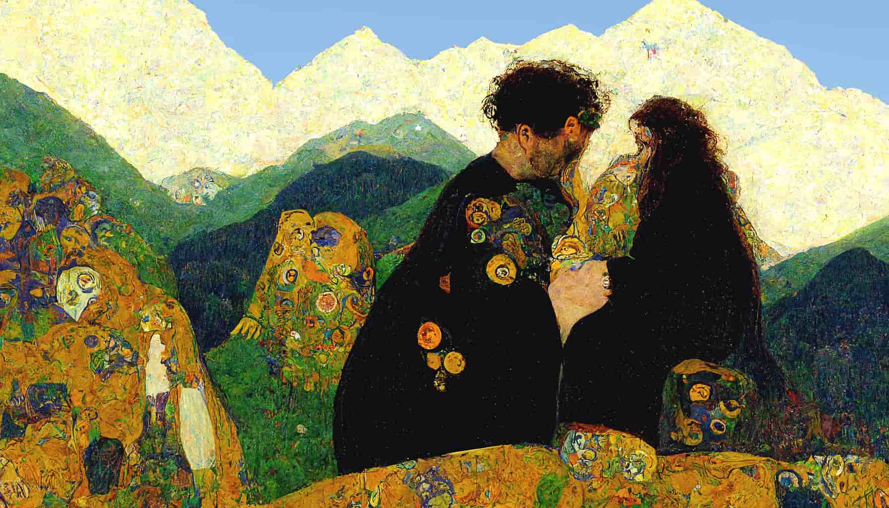 A painting of a couple in the mountains in the style of Gustav Klimt
