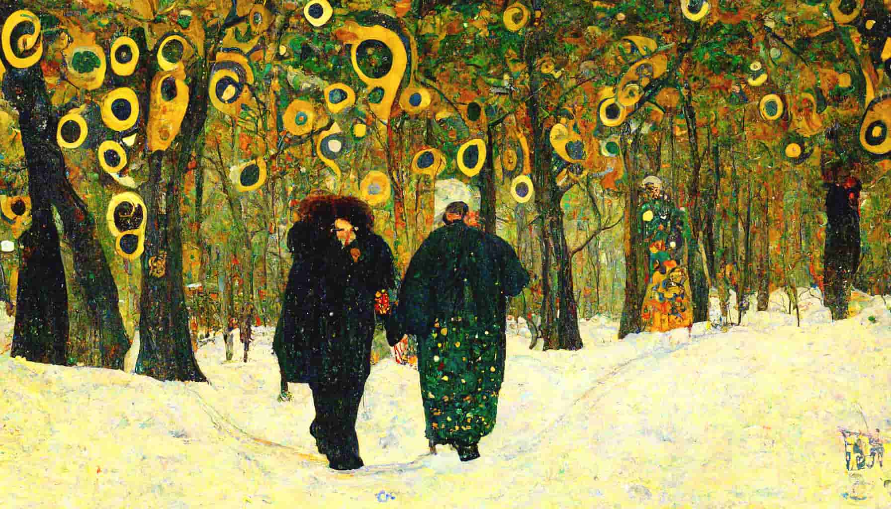 A painting of a couple walking in the forest in winter in the style of Gustav Klimt