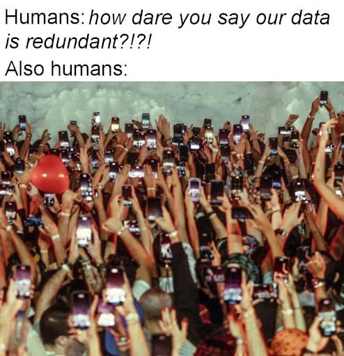 Meme joking that humans insist their data isn't redundant, while a crowd films the same concert moment on hundreds of phones