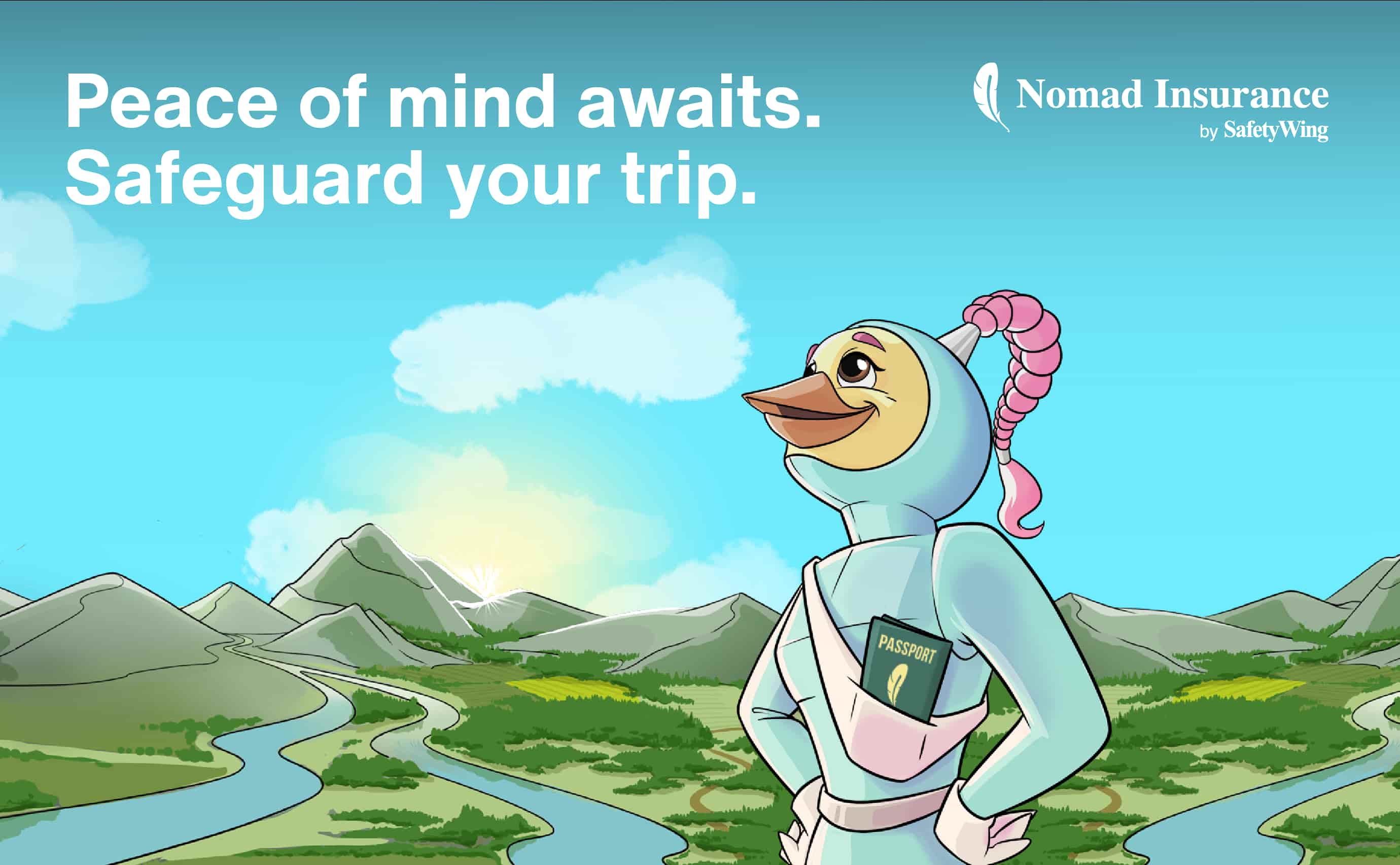 Illustration of a traveller in the mountains peaceful because safely insured